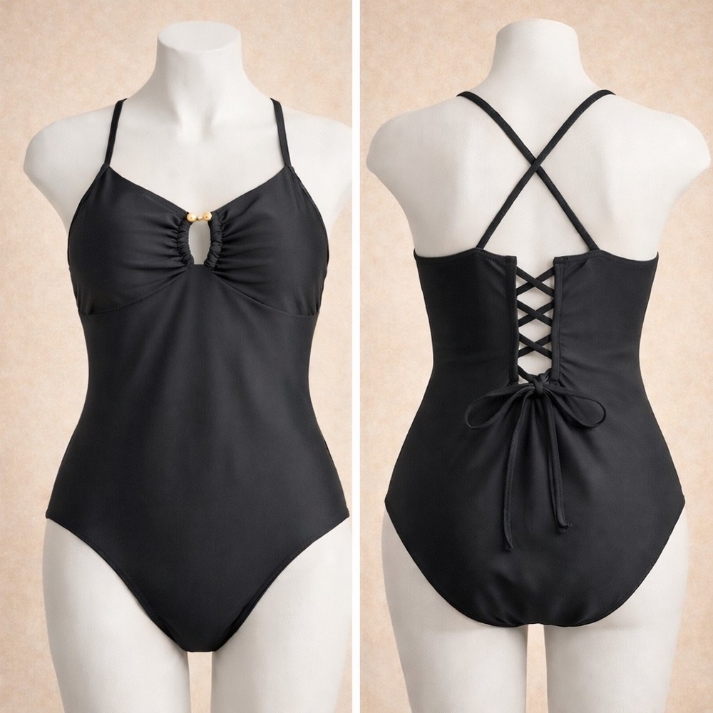 Black Lace Up Back One Piece Swimsuit NEW Large- Ruched Bust Minimalist Swimwear